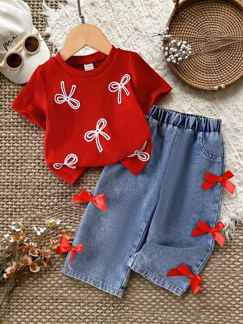 Camiseta con diseño de lazo y pantalón de mezclilla decorado con lazo