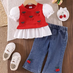 Conjunto blusa rosa con pantalón mezclilla con apliques de cerezas
