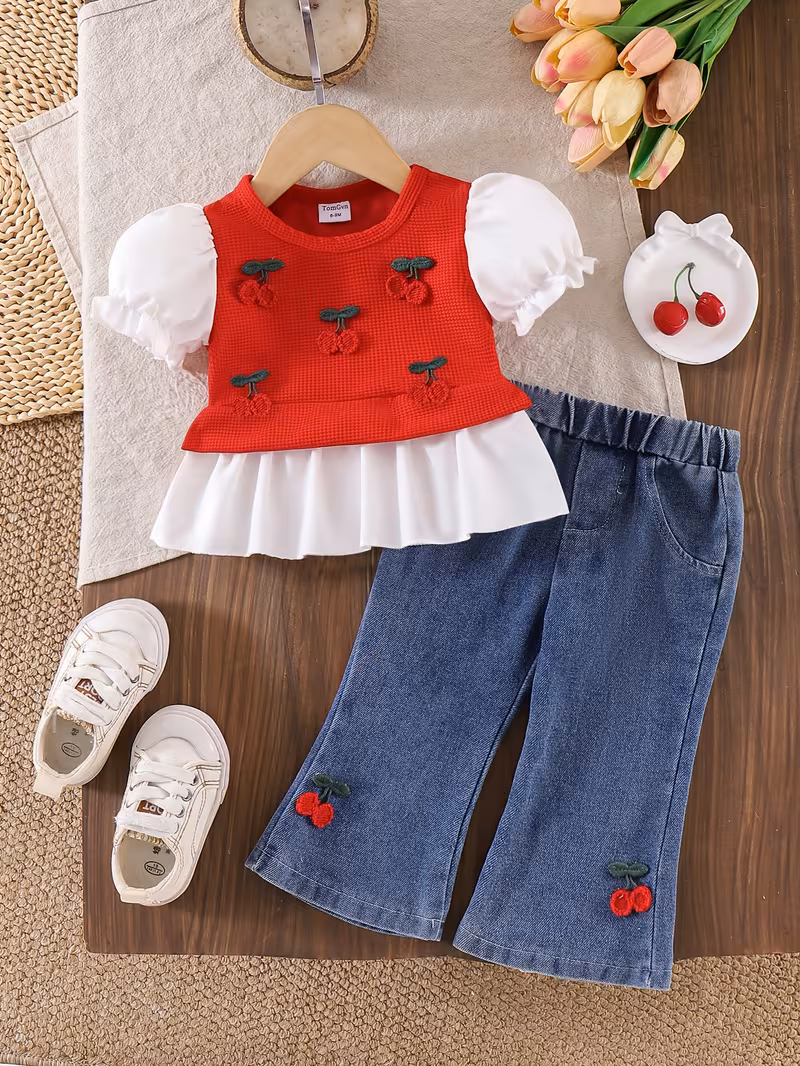 Conjunto blusa rosa con pantalón mezclilla con apliques de cerezas