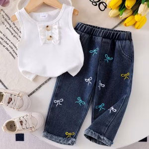 Conjunto camiseta blanca con pantalón mezclilla con bordado de lazos