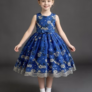 Vestido fiesta azul con bordado floral