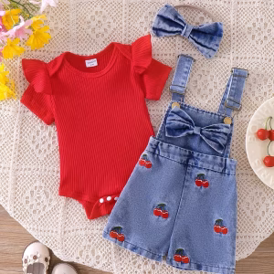 Conjunto overol short de mezclillas body rojo con cintillo