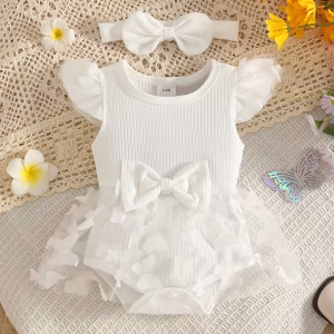 Romper vestido blanco con malla de mariposas 3D y lazo