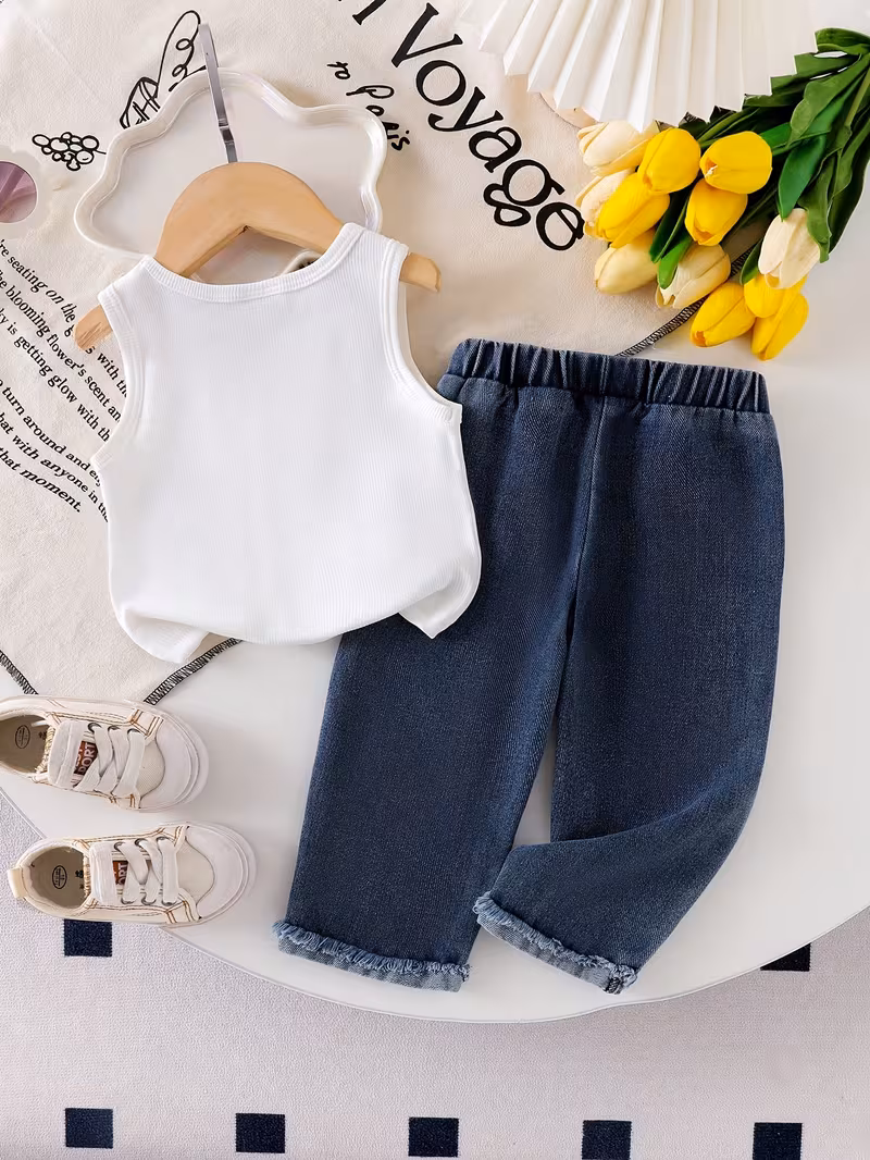 Conjunto camiseta blanca con pantalón mezclilla con bordado de lazos