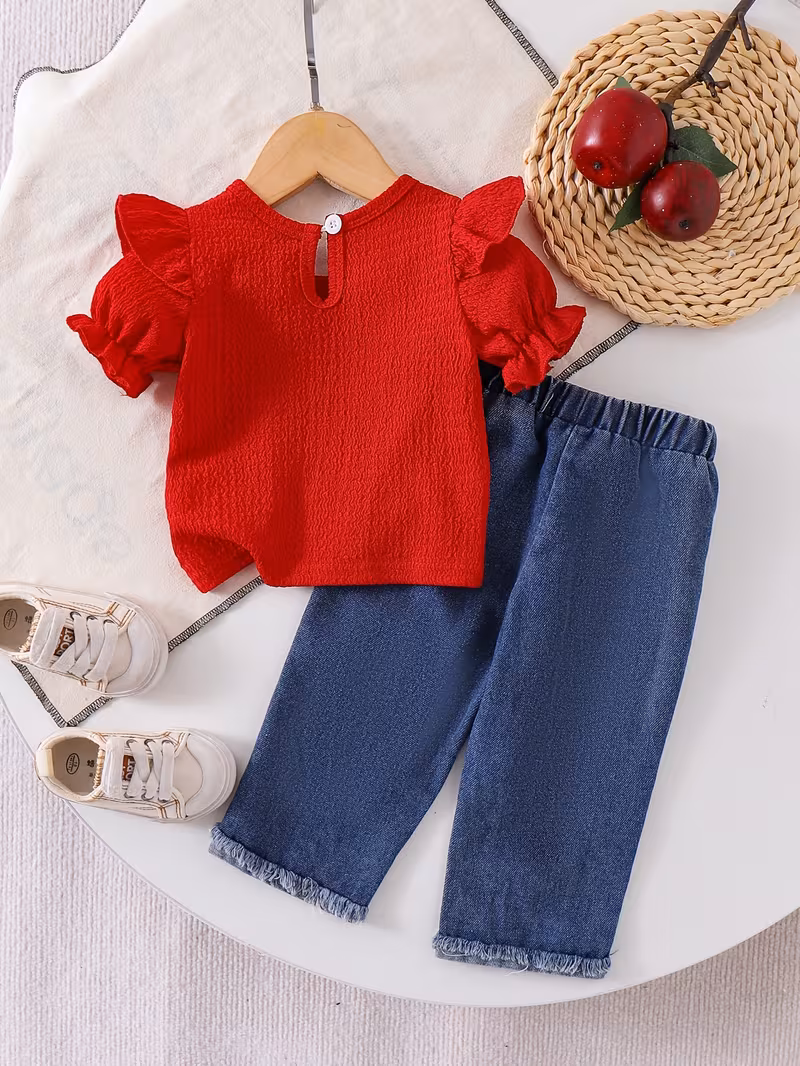 Conjunto blusa roja y pantalón con bordado de lazo
