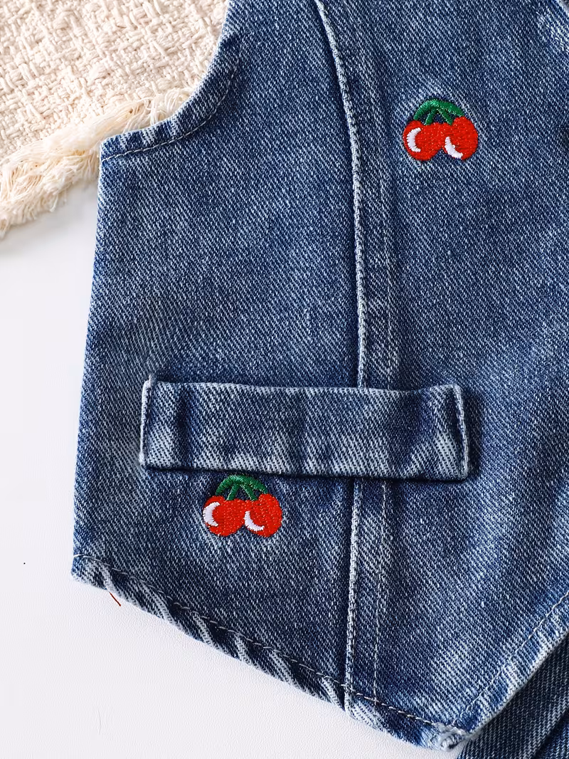 Chaleco de mezclilla y shorts con bordado de cerezas