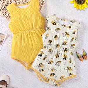 Set x 2 romper sin mangas en color amarillo y estampado de abejita