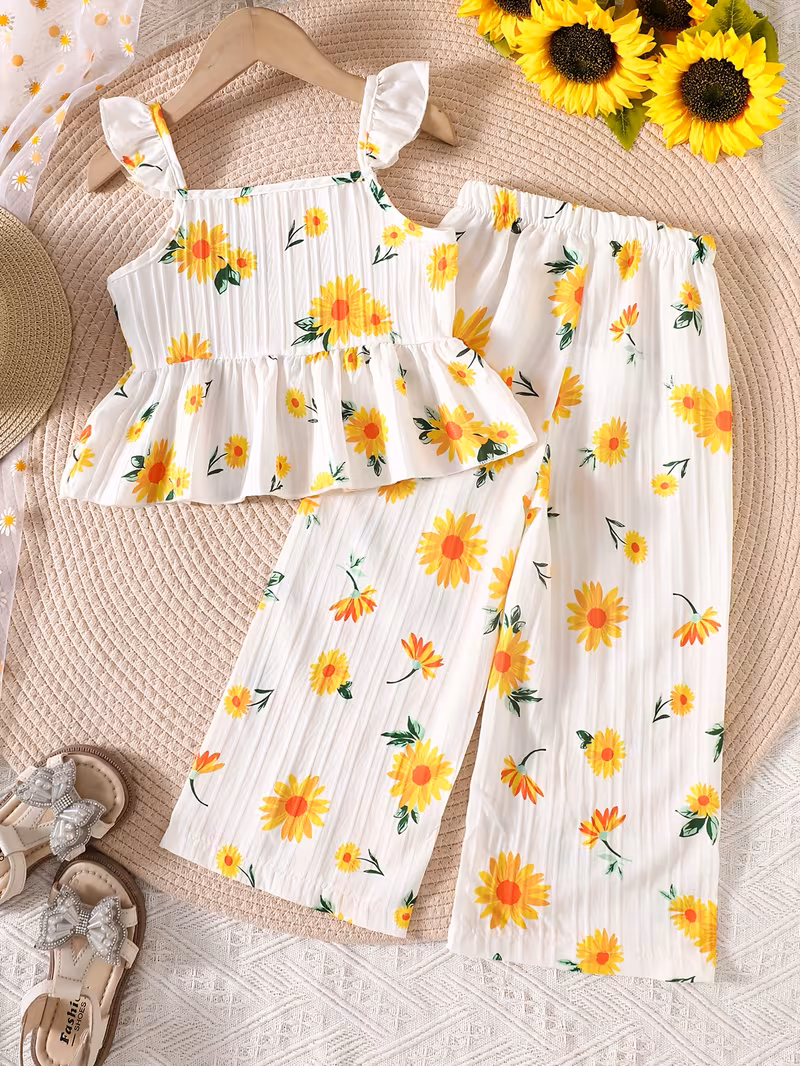 Conjunto blusa de tirantes con pantalón ancho con estampado de girasoles