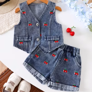 Chaleco de mezclilla y shorts con bordado de cerezas