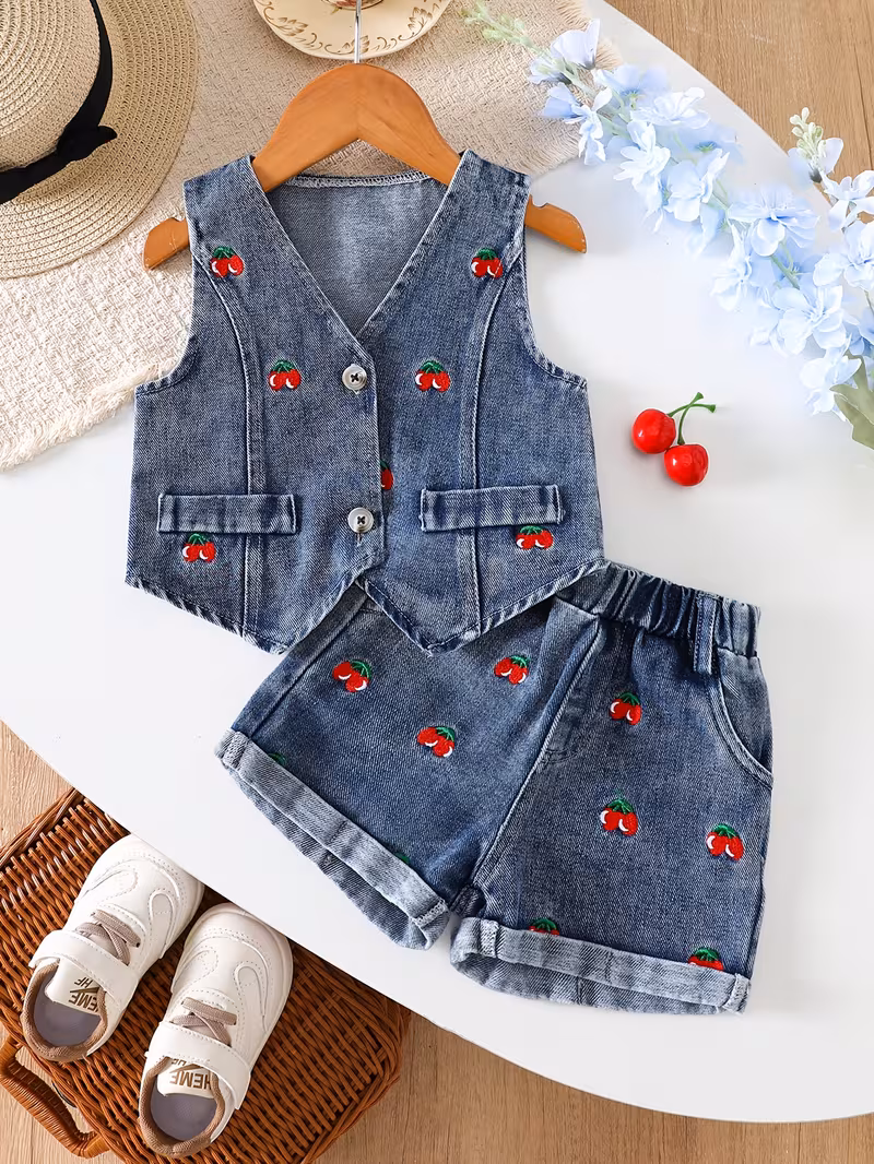 Chaleco de mezclilla y shorts con bordado de cerezas