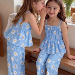 Top camisola con goma elástica y pantalón recto estampado margaritas