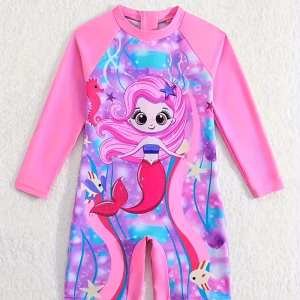 Bañador rosado con estampado de sirenita manga larga