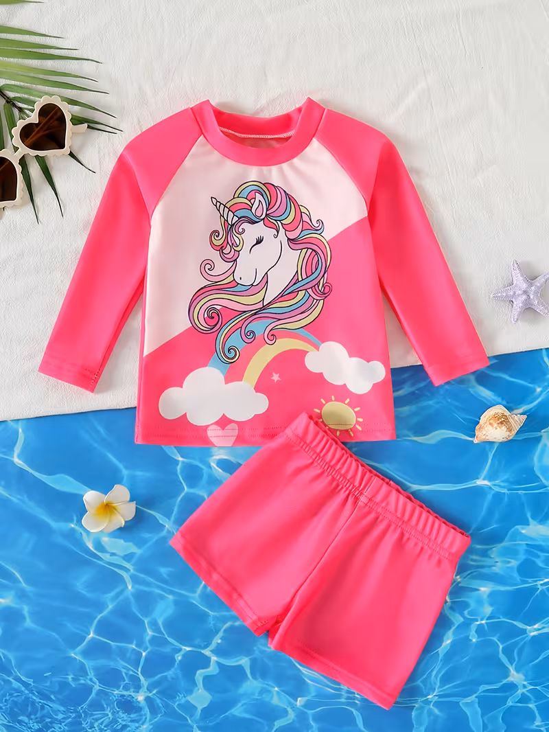 Bañador 2 piezas rosado fuerte estampado unicornio