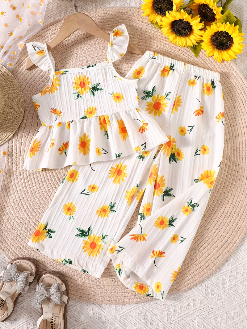 Conjunto blusa de tirantes con pantalón ancho con estampado de girasoles
