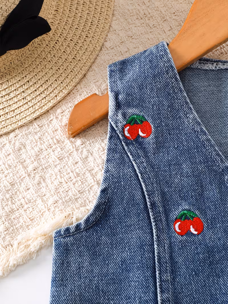 Chaleco de mezclilla y shorts con bordado de cerezas