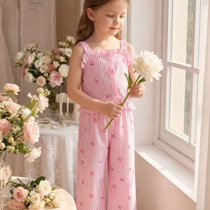 Blusa de tiras y pantalón ancho con diseño a rayas y lazos veraniego