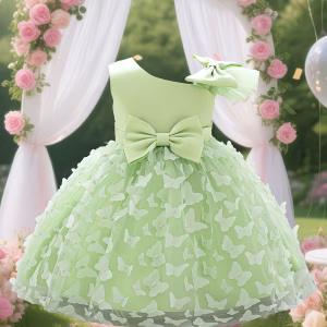Vestido de fiesta verde manzana de Mariposa 3D y tul