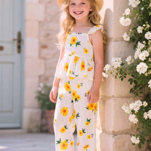 Conjunto blusa de tirantes con pantalón ancho con estampado de girasoles