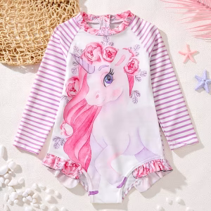 Bañador una pieza transparente con estampado de unicornio a rayas