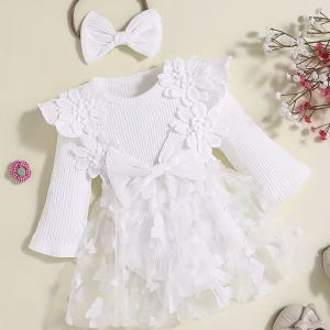 Romper vestido blanco con tul de mariposas 3D y cintillo