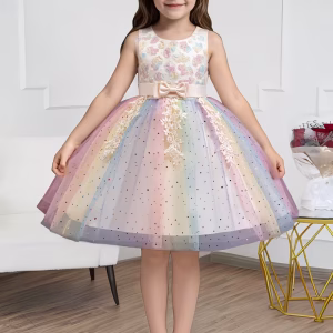 Vestido champán arcoíris y tul con apliques brillantes