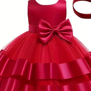 Vestido rojo de malla doble capa con cintillo