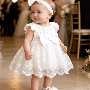 Romper vestido blanco con tul bordado y cintillo
