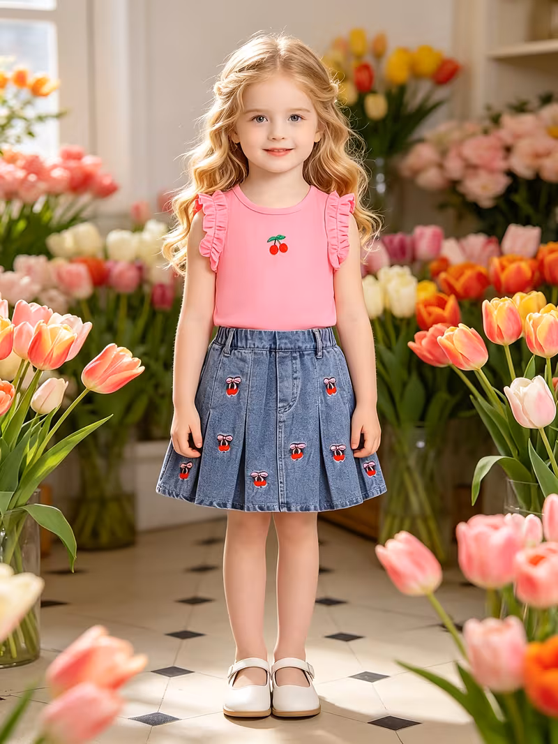 Conjunto blusa rosada con falda mezclilla bordado de cereza