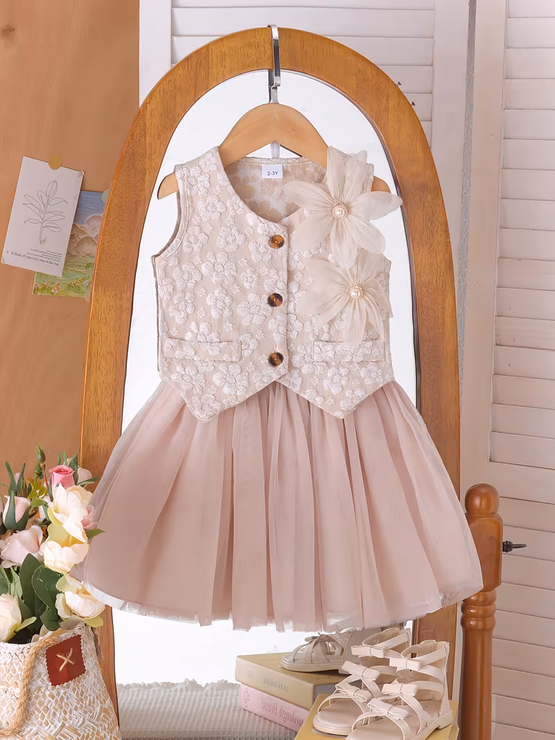 Conjunto caqui chaleco con relieve y falda con malla