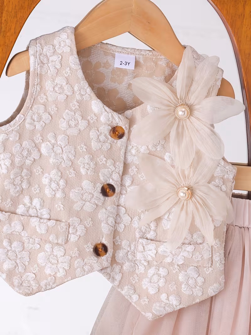 Conjunto caqui chaleco con relieve y falda con malla