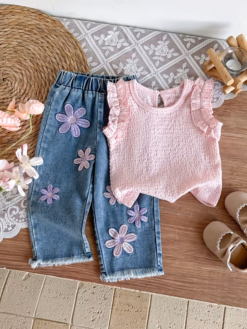 Conjunto blusa con pantalon mezclilla de flores bordadas
