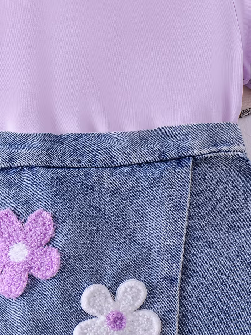 Blusa lila con short falda y apliques florales