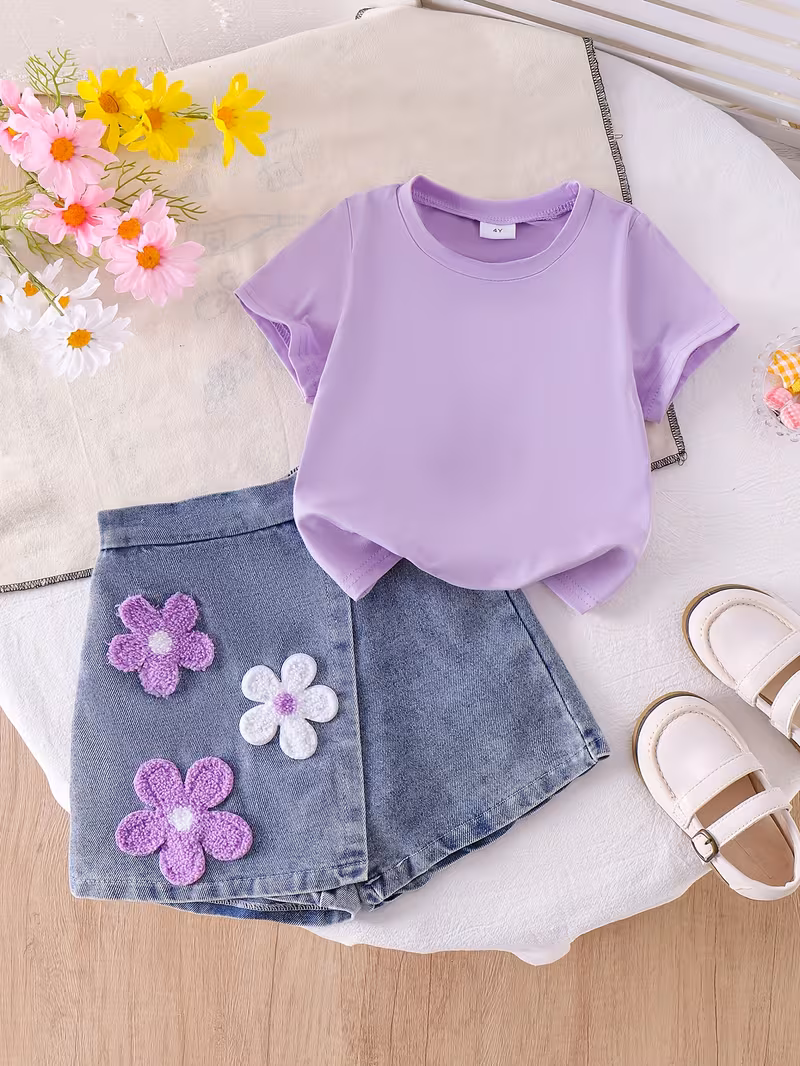Blusa lila con short falda y apliques florales