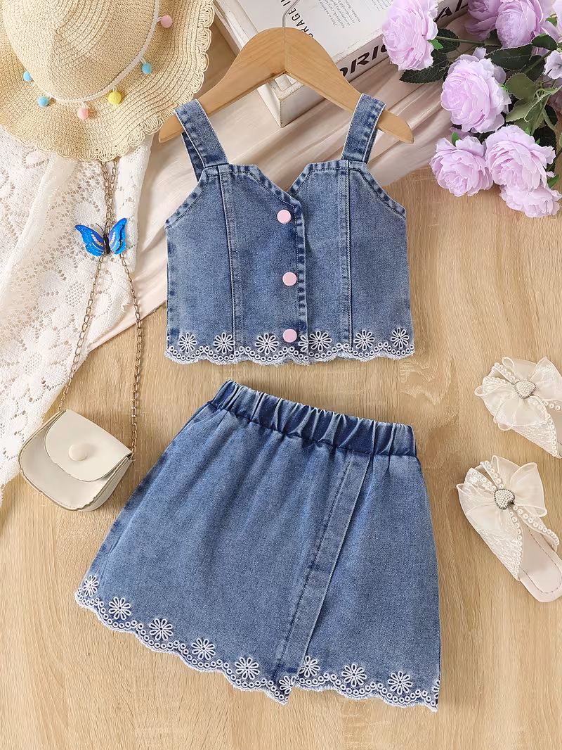 Conjunto de mezclilla camisola y falda bordada