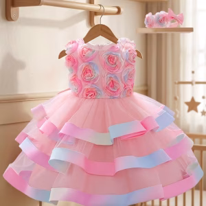 Vestido rosado en capas de tul con flores arcoíris