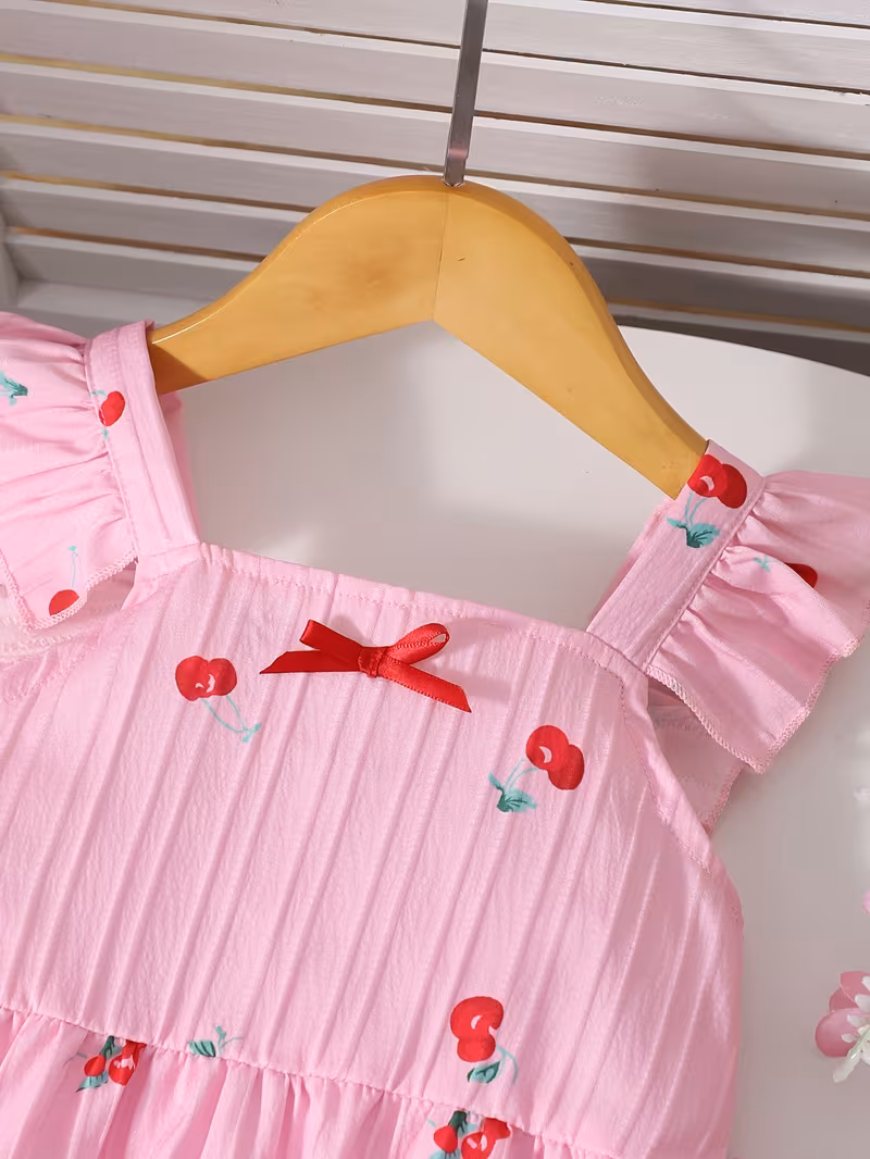Conjunto veraniego rosado camisola y pantalón con estampado cereza