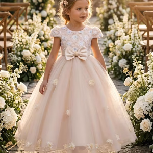 Vestido largo champan con tul y apliques de flores 3D