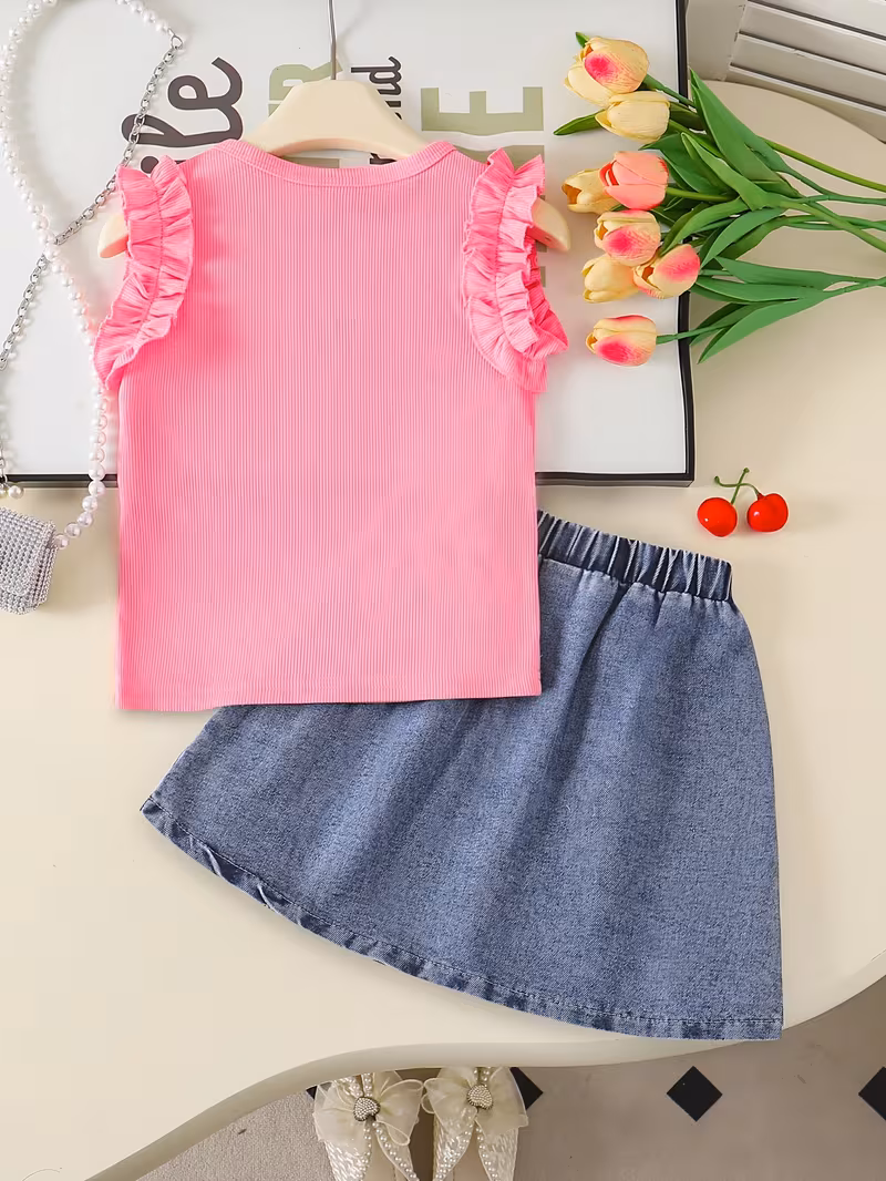 Conjunto blusa rosada con falda mezclilla bordado de cereza