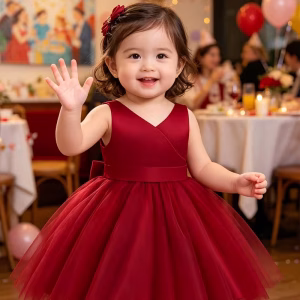 Vestido rojo vino de satín y tul