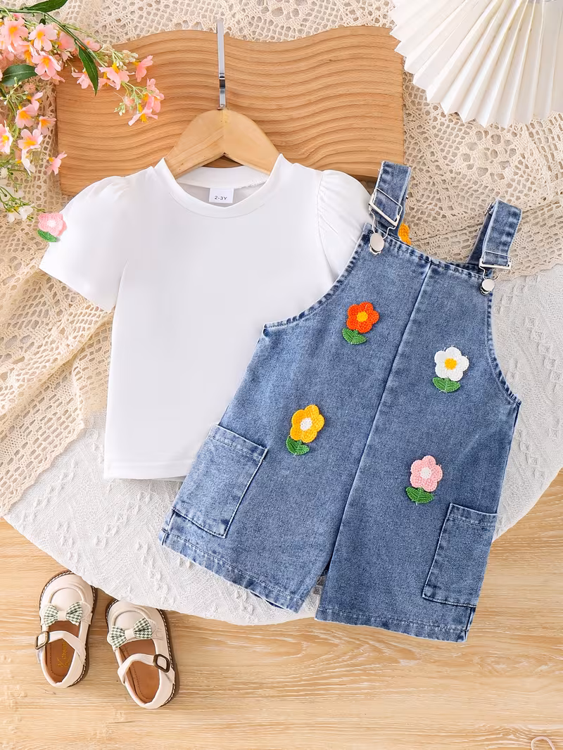 Camiseta con apliques florales y peto de mezclilla con bolsillos