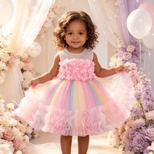 Vestido de malla de colores con flores 3D rosado