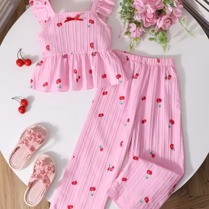 Conjunto veraniego rosado camisola y pantalón con estampado cereza