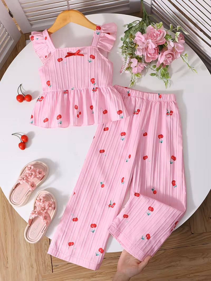 Conjunto veraniego rosado camisola y pantalón con estampado cereza