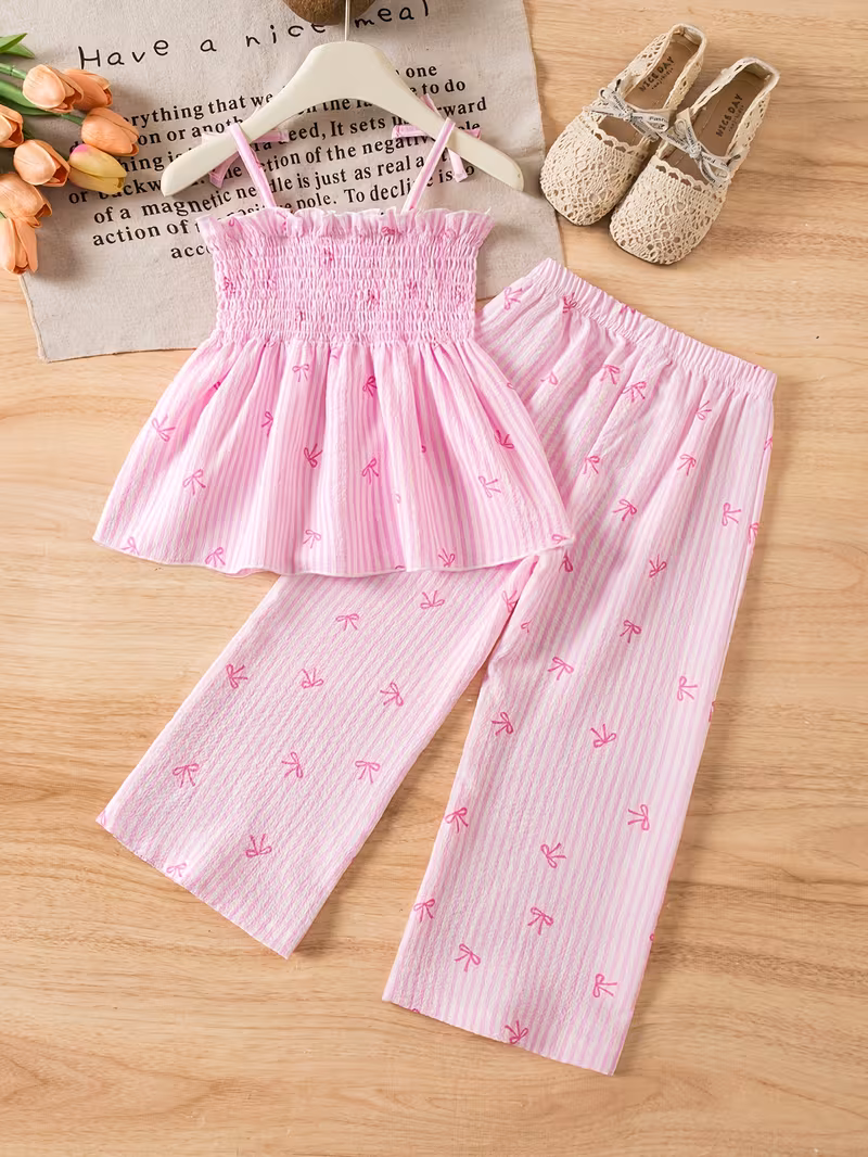 Conjunto 2 piezas veraniego rayado rosado con estampado lazos