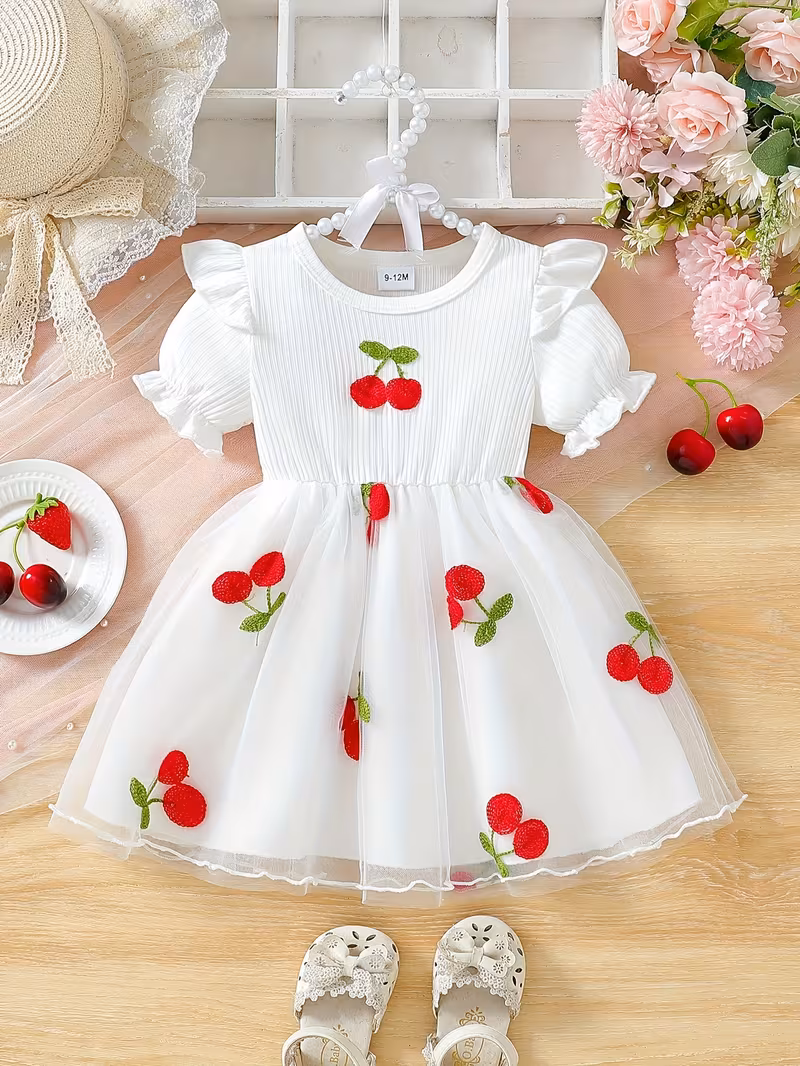 Vestido blanco con cerezas bordadas