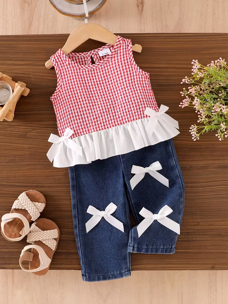 Conjunto blusa roja a cuadros y pantalón de mezclilla con lazos