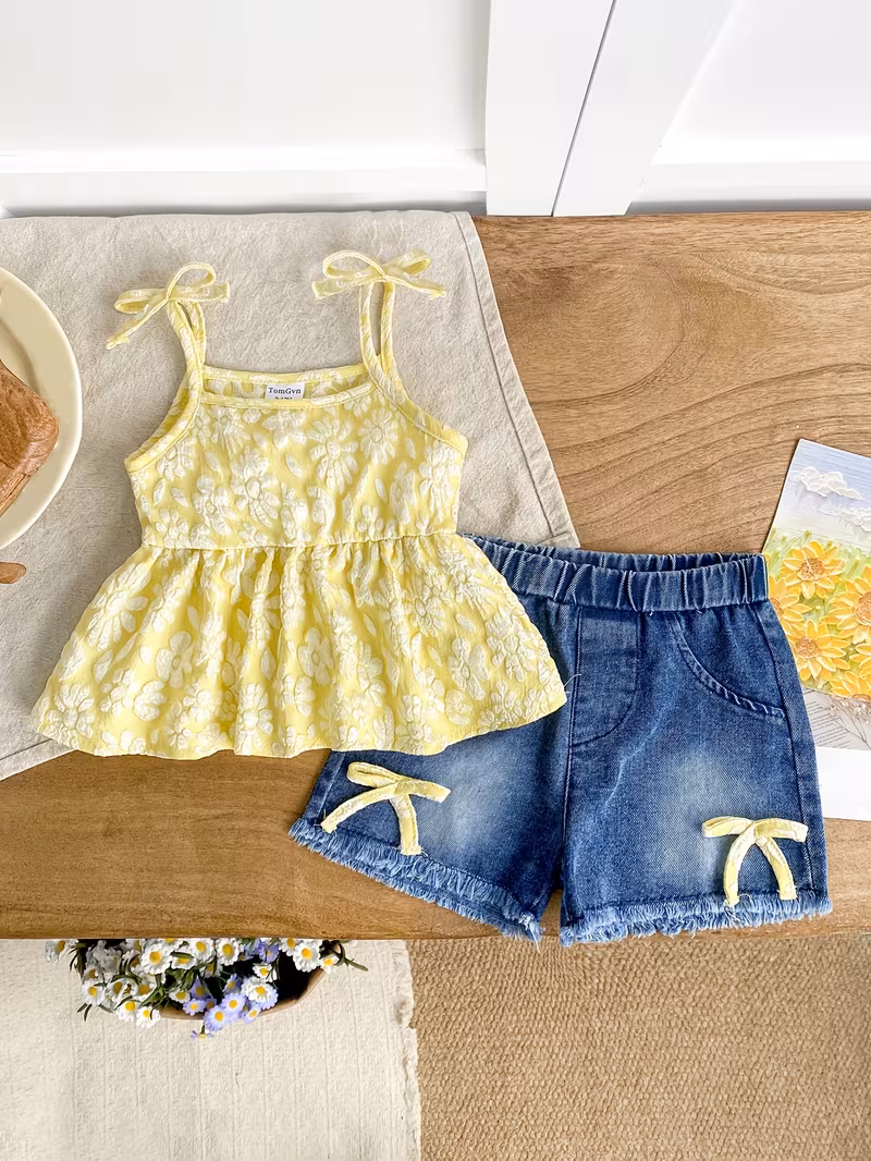 Conjunto 2 piezas blusa amarilla jacquard + shorts con lazo