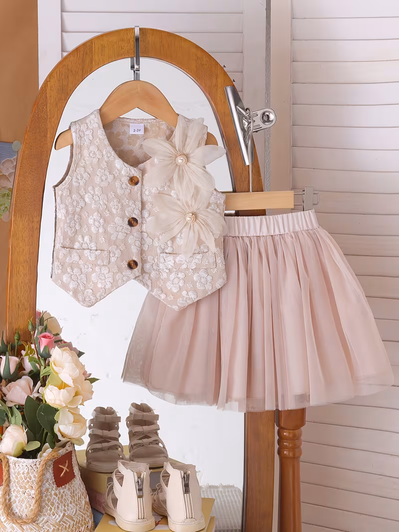 Conjunto caqui chaleco con relieve y falda con malla