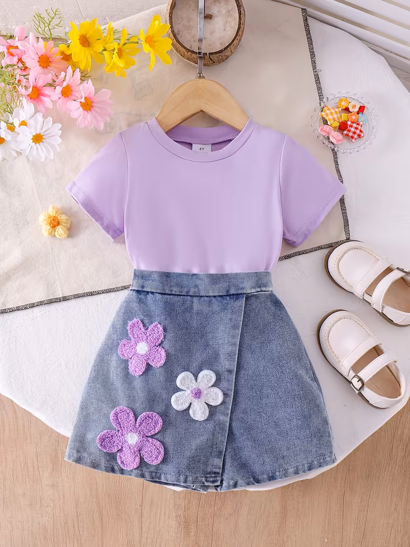 Blusa lila con short falda y apliques florales