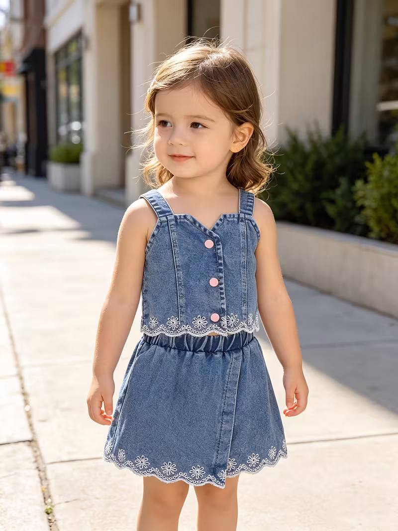 Conjunto de mezclilla camisola y falda bordada